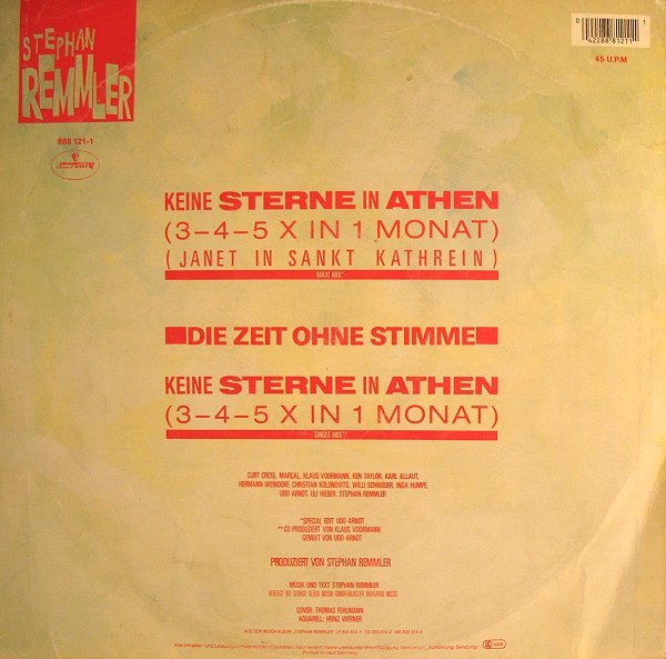 1986.11 Stephan Remmler 12-45 "Keine Sterne in Athen (3-4-5 x in 1 Monat) (Janet in Sankt Kathrein)" (DE: Mercury / Phonogram 888 121-1). - Rückseite