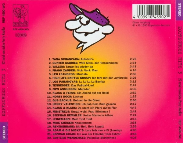1995 verschiedene Interpreten CD-DA "Kopfschuss-Hits 3 (22 total verrückte Party-Knaller)" (DE: Repertoire REP 4590-WG). - Rückseite