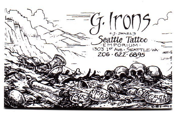 Greg Irons' Visitenkarte, als er als Tätowierer 1981-1982 im Seattle Tattoo Emporium arbeitete.
