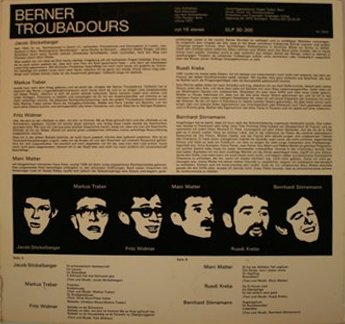 Rückseite 1971 Berner Troubadours LP Berner Troubadours (CH: Zytglogge ZYT 16). - Spätere Ausgabe (Einfache Hülle ohne Drehscheibe).