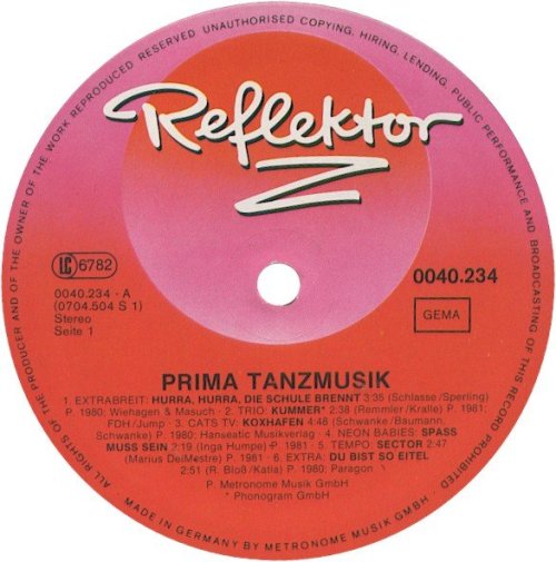 Labeletikette (Seite A) der 1981 verschiedene Interpreten 12" LP Prima Tanzmusik (DE: Reflektor Z / Metronome 0040.234)