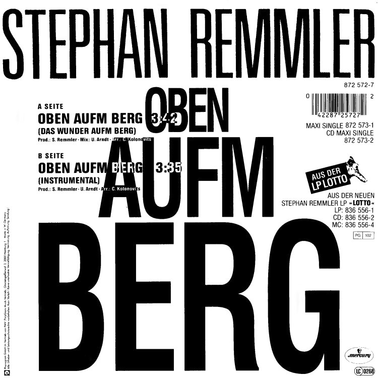 1989 Stephan Remmler 7-45 "Oben auf'm Berg" (DE: Mercury / Phonogram 872 572-7). - Rückseite