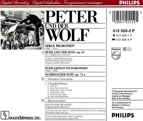 1984 Boston Pops CD-DA "Peter und der Wolf (Ein musikalisches Märchen für Kinder, erzählt von Stephan Remmler)" (DE: Philips / Phonogram 412 555-2 P). - Rückseite