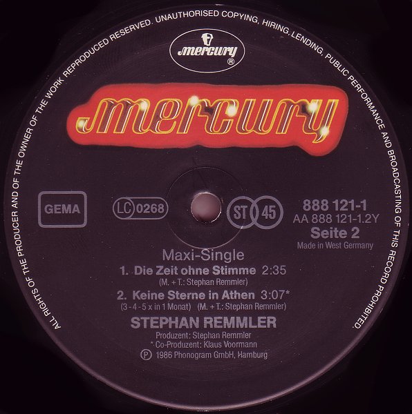 1986.11 Stephan Remmler 12-45 "Keine Sterne in Athen (3-4-5 x in 1 Monat) (Janet in Sankt Kathrein)" (DE: Mercury / Phonogram 888 121-1). - Plattenetikette Seite B