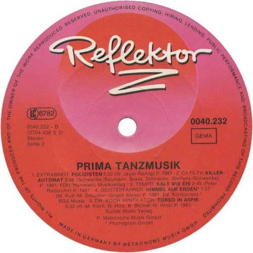 Labeletikette (Seite B) der 1981 verschiedene Interpreten 10" LP Prima Tanzmusik (DE: Reflektor Z / Metronome 0040.232)