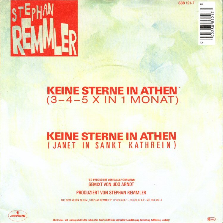 1986.11 Stephan Remmler 7-45 "Keine Sterne in Athen (3-4-5 x in 1 Monat)" (DE: Mercury / Phonogram 888 121-7). - Rückseite
