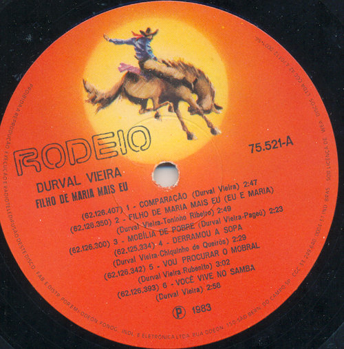 1983 Durval Vieira 12-33 "Filho de Maria mais eu" (BR: Rodeio 75521). - Plattenetikette Seite A